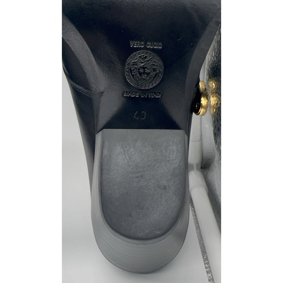 Versace Black Gold Leather Mules Heels Medusa  Bucklel Women's 40 EU New - Picture 14 of 16
